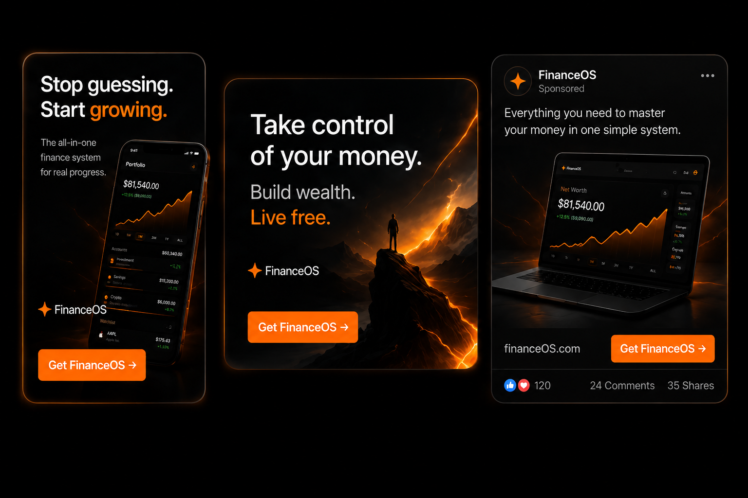 FinanceOS social ad creatives - three vertical app store style ads