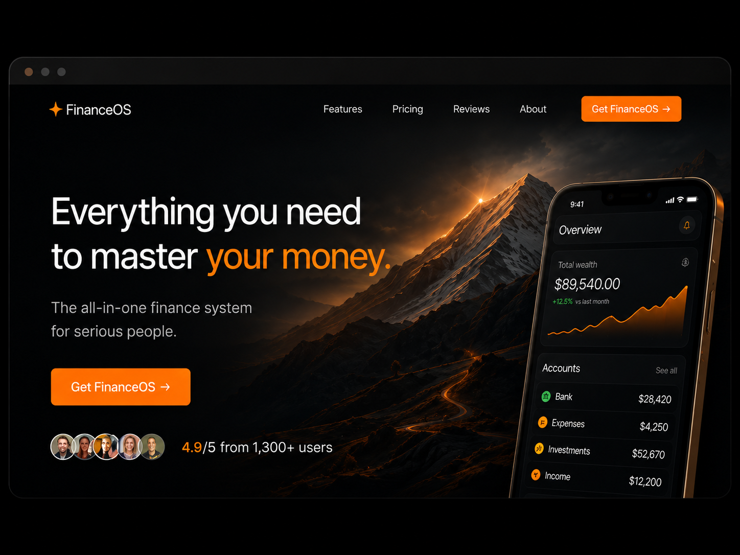 FinanceOS landing page with hero, dashboard mockup, and feature grid
