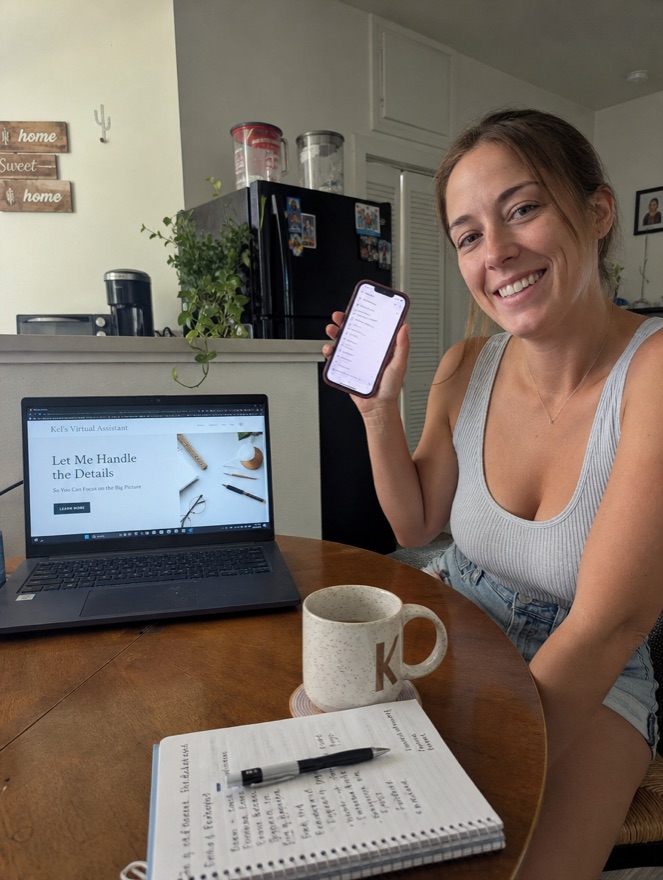 Marisa at her kitchen table with her launched landing page