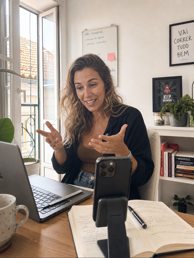 Sofia in her home office with her launched product