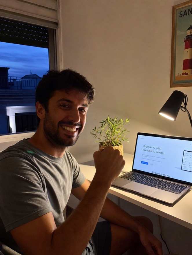 Tomás celebrating his first launch at his desk